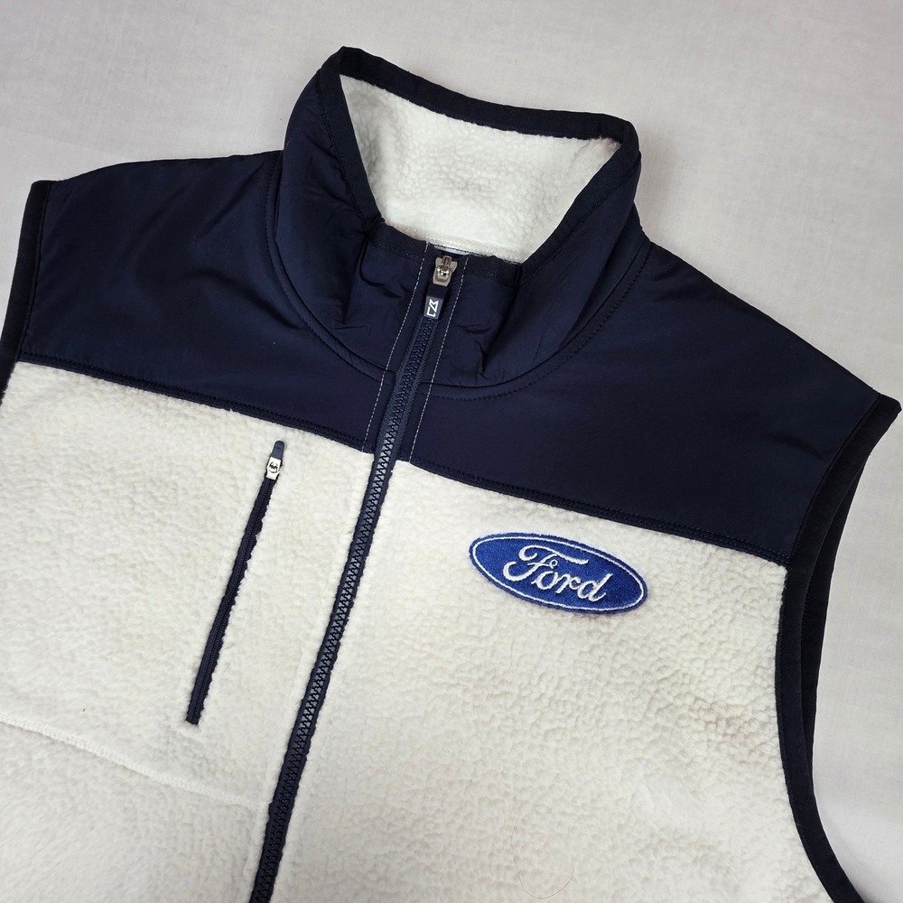 Cutter & Buck Ford Logo Sherpa Fleece Vest Mens Large White Navy Blue‎ Full Zip
